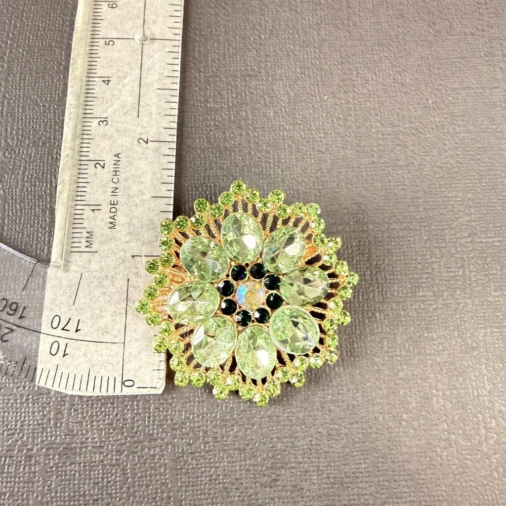 Green‎ Crystal Black Rhinestone Flower Brooch Pin Gold Tone Floral Statement